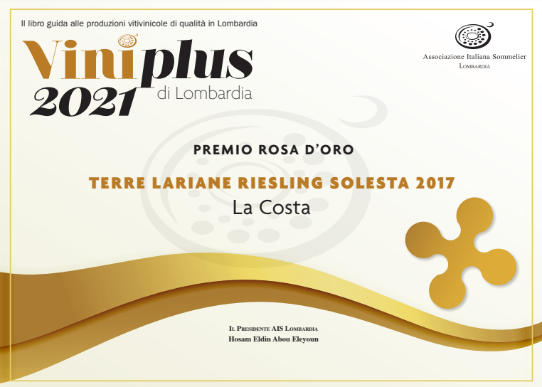 Viniplus 2021, riconoscimento della Rosa Oro al vino TERRE LARIANE RIESLING SOLESTA 2017